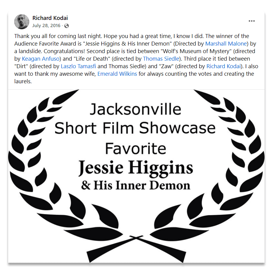 Announcement naming Jessie Higgins and His Inner Demon the 2016 audience favorite