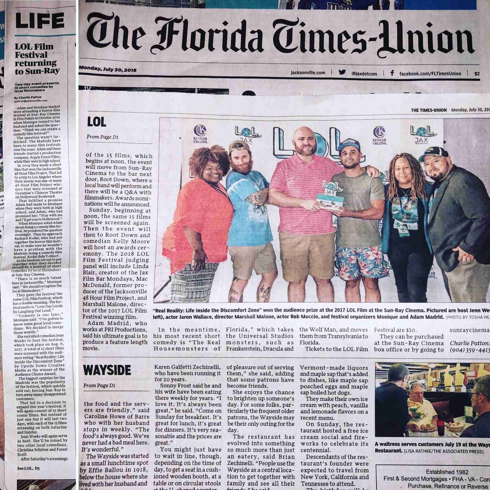 Florida Times-Union clipping covering Real Reality’s 2017 LOL JAX audience award