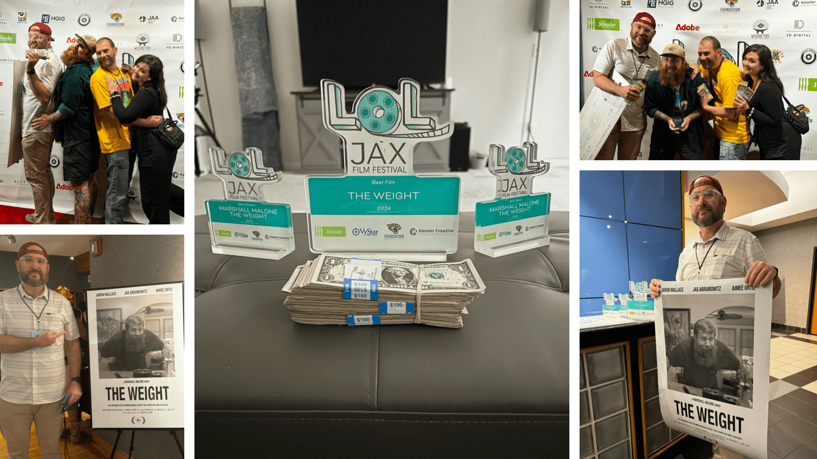 The Weight cast and crew with their 2024 LOL JAX trophies